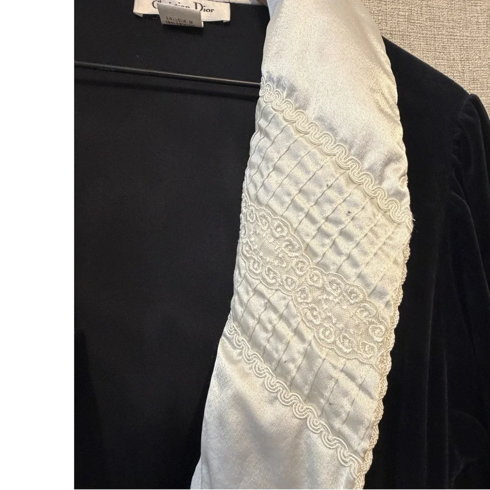 CHRISTIAN DIOR Robe Women's Small Velvet Ivory Satin Trim Embroidered Long Black